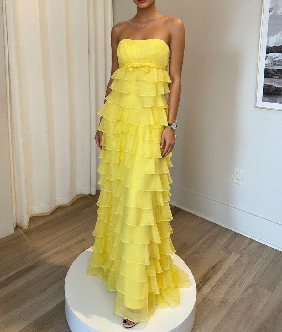 Sheath/Column Strapless Tiered Floor-Length Prom Dresses with Corset Bow