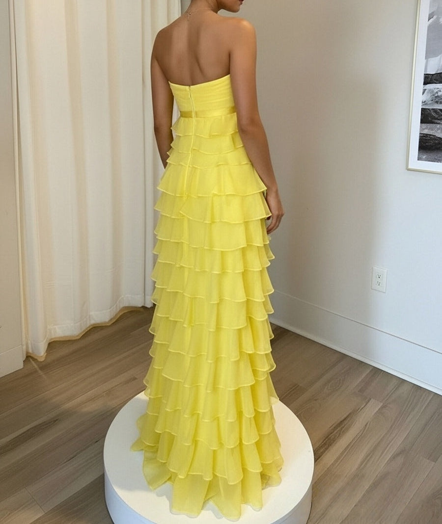 Sheath/Column Strapless Tiered Floor-Length Prom Dresses with Corset Bow