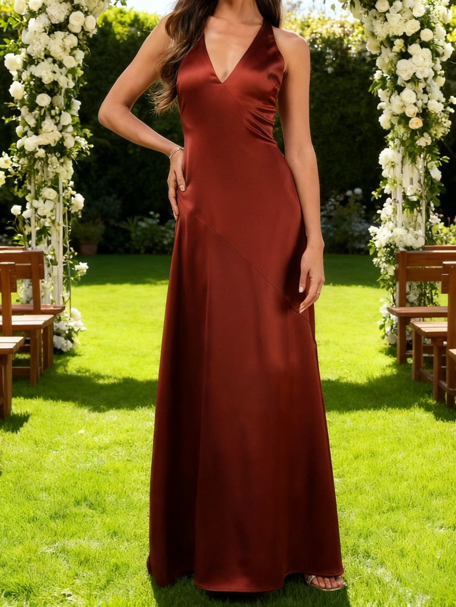 A-Line/Princess V-Neck Floor-Length Formal Wedding Guest Dresses with Satin