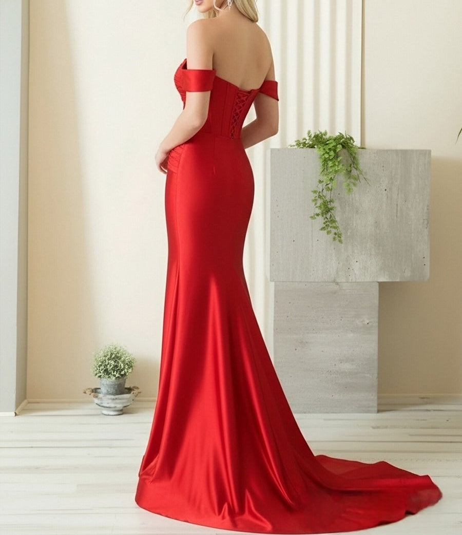 A-Line/Princess Off Shoulder  Sweetheart Satin Cut-Out Floor-Length Prom Dresses