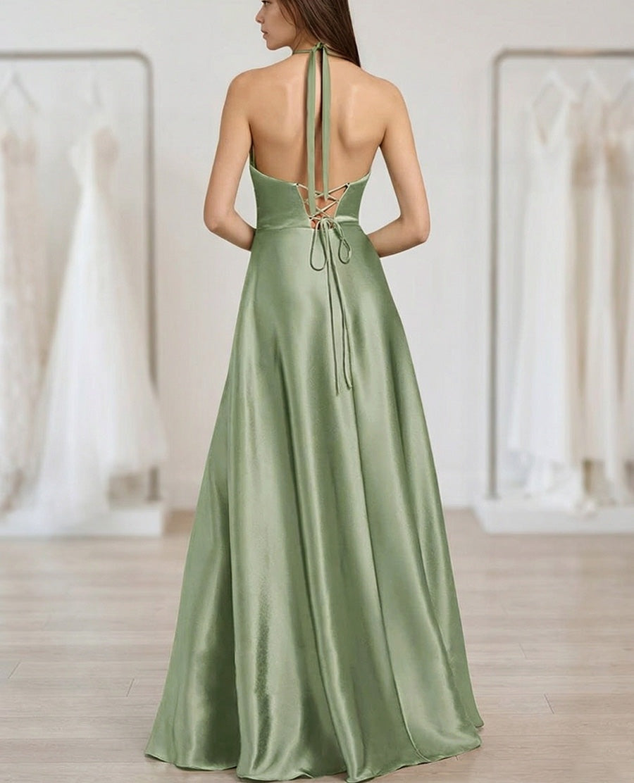 A-Line/Princess V-Neck Halter Satin Floor-Length Prom Dresses with Slit