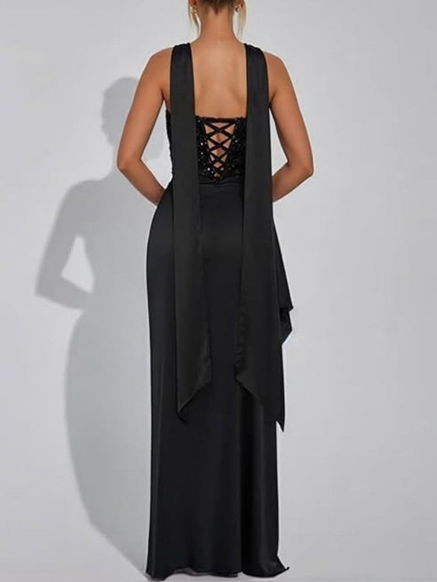 A-Line/Princess Strapless Patchwork Ruffle Floor-Length Formal Dresses with Scarf
