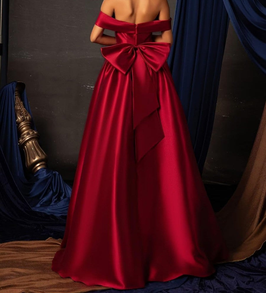 A-Line/Princess Off Shoulder Empire Waist Floor-Length Formal Dresses with Bow