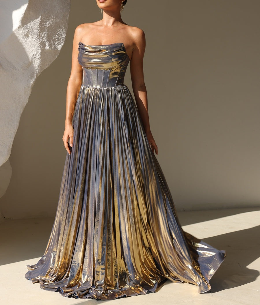 A-Line/Princess Strapless Cowl Neck Pleated Floor-Length Prom Dresses
