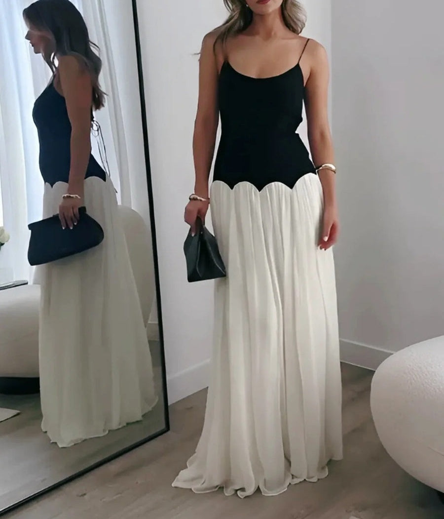 A-Line/Princess Spaghetti Strap Floor-Length Formal Dresses with Patchwork Chiffon