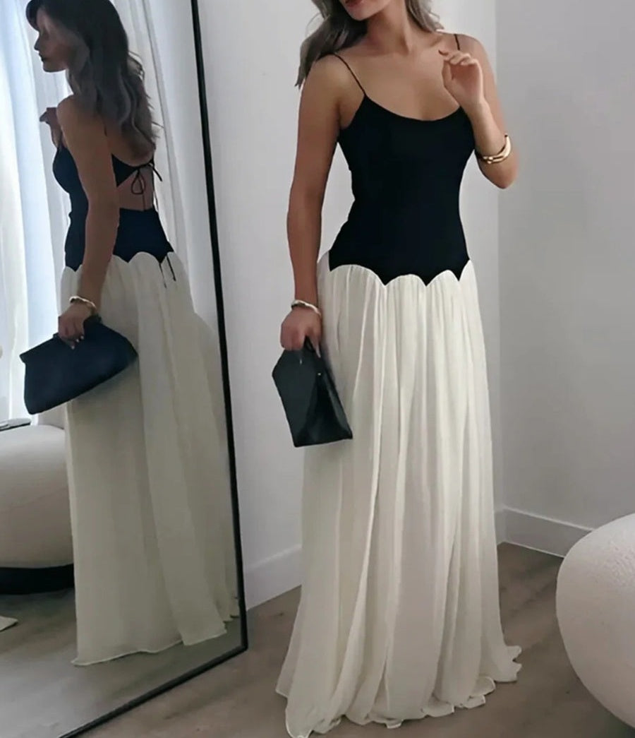 A-Line/Princess Spaghetti Strap Floor-Length Formal Dresses with Patchwork Chiffon