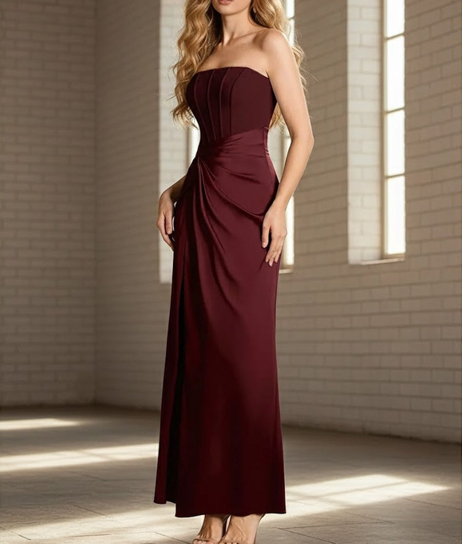 Sheath/Column Strapless Satin Floor-Length Formal Evening Dresses