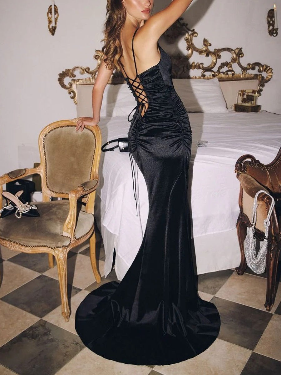 Mermaid/Trumpet Spaghetti Strap Satin Floor-Length Prom Dresses