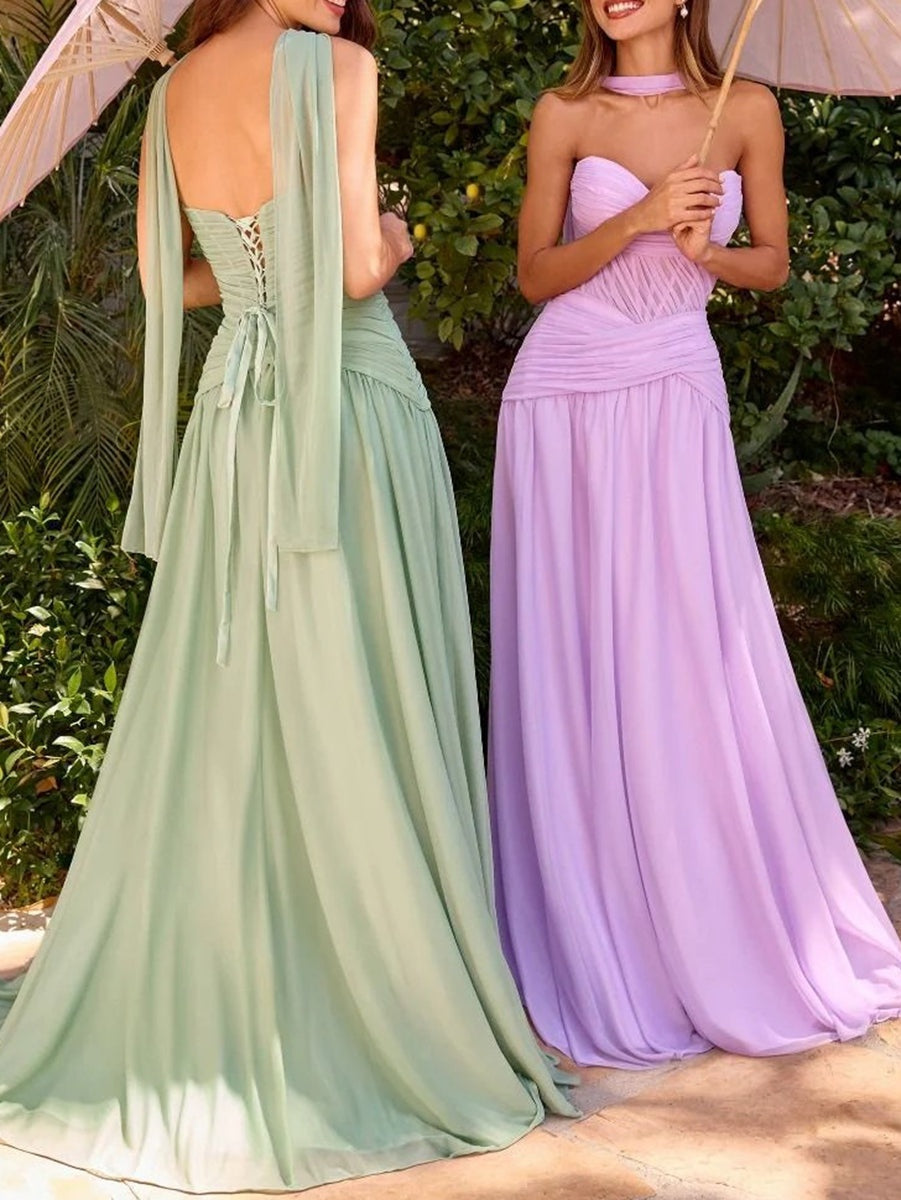 A-Line/Princess Ruched Pleated Chiffon Strapless Floor-Length Prom Dresses with Scarf