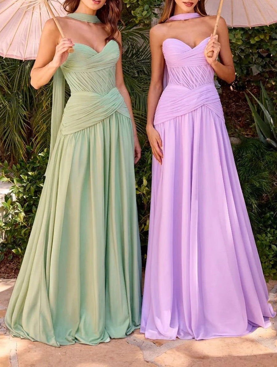 A-Line/Princess Ruched Pleated Chiffon Strapless Floor-Length Prom Dresses with Scarf