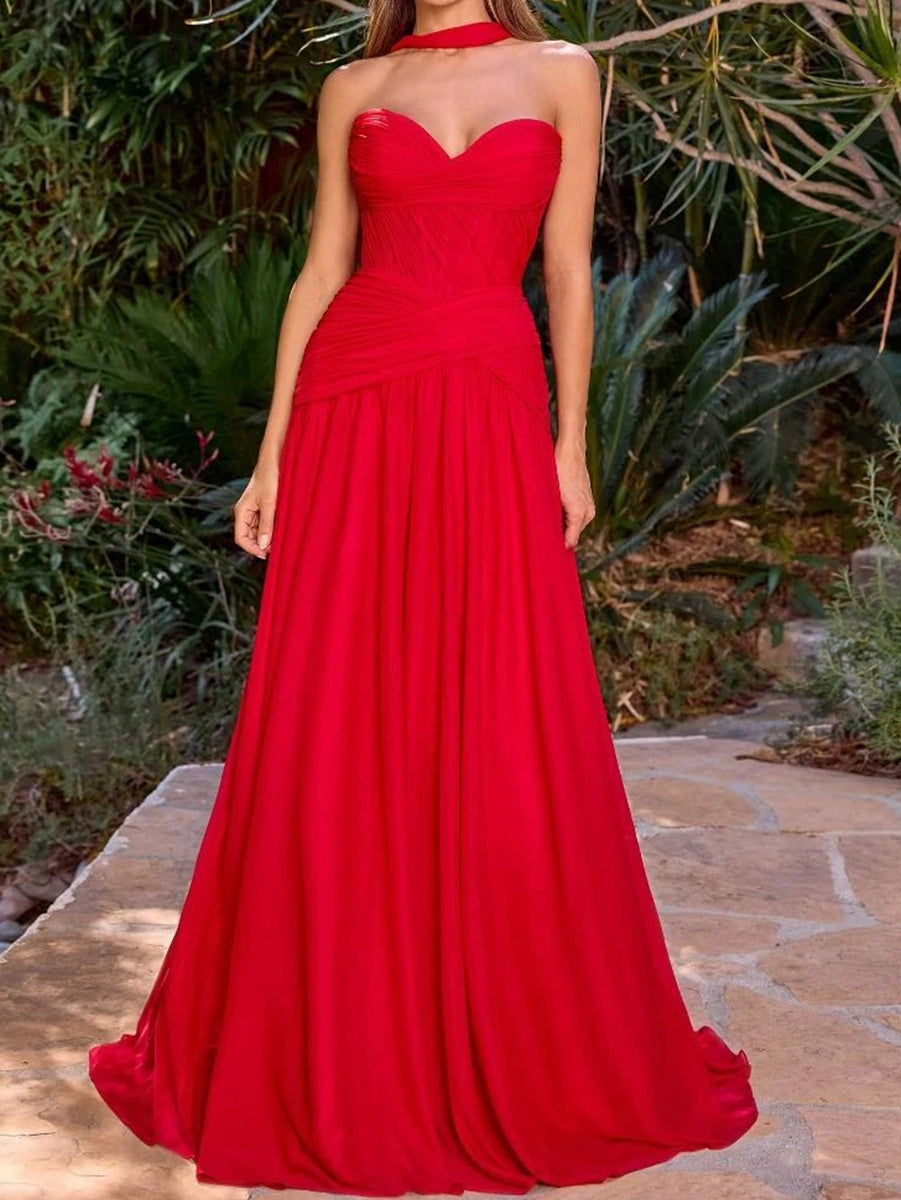 A-Line/Princess Ruched Pleated Chiffon Strapless Floor-Length Prom Dresses with Scarf