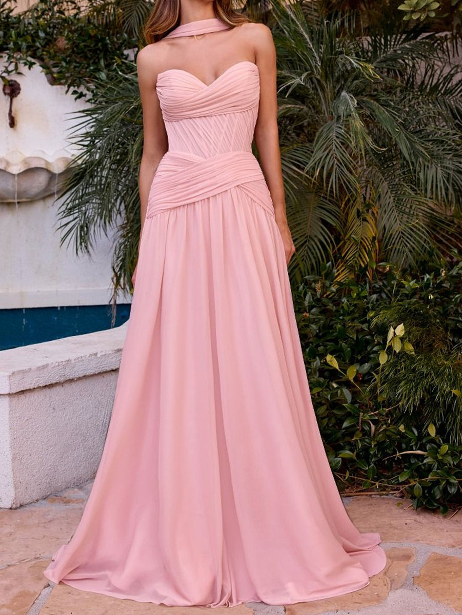A-Line/Princess Ruched Pleated Chiffon Strapless Floor-Length Prom Dresses with Scarf