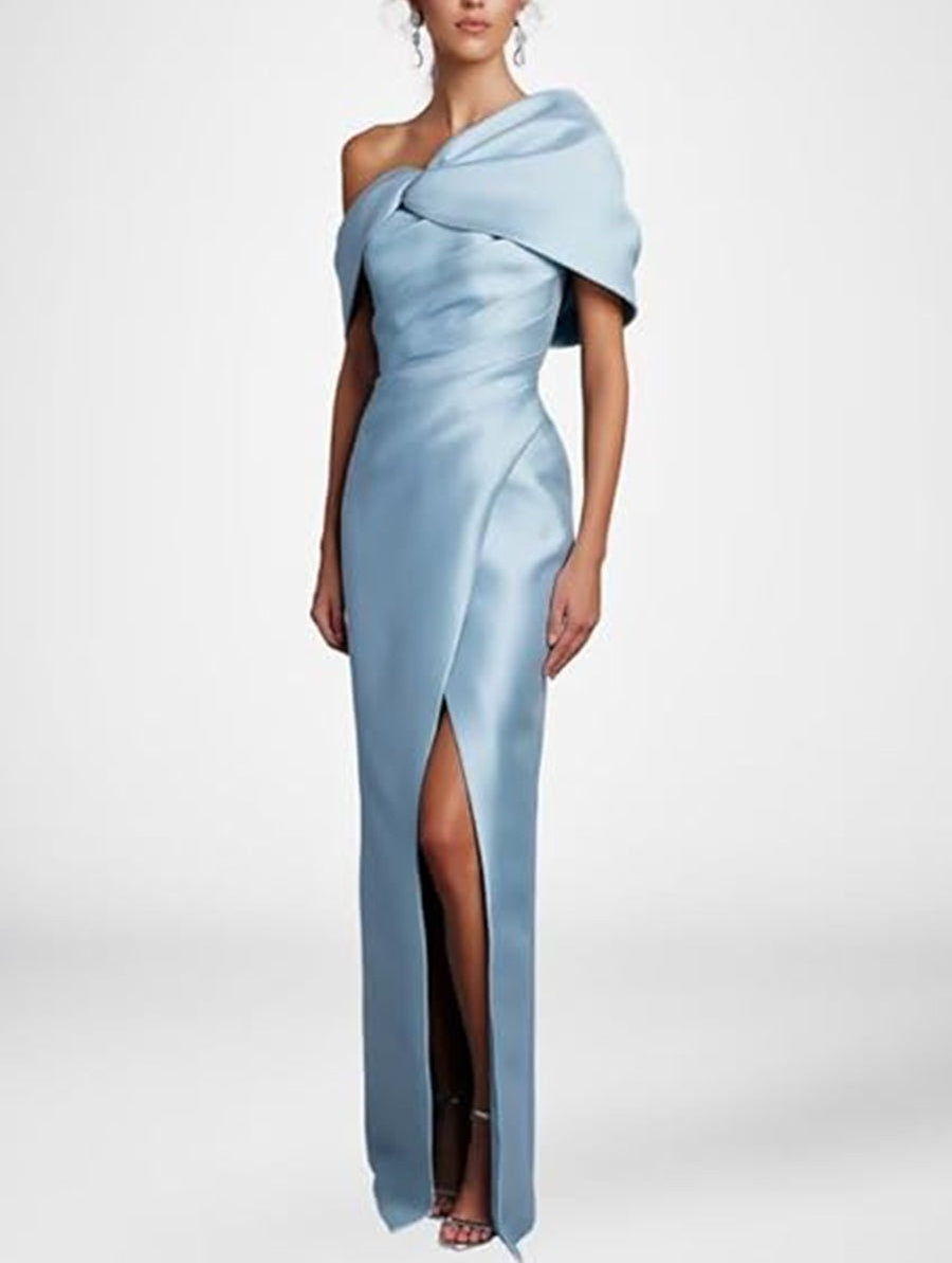 Sheath/Column Asymmetrical Floor-Length Pleated Mother of the Bride Dresses with Slit