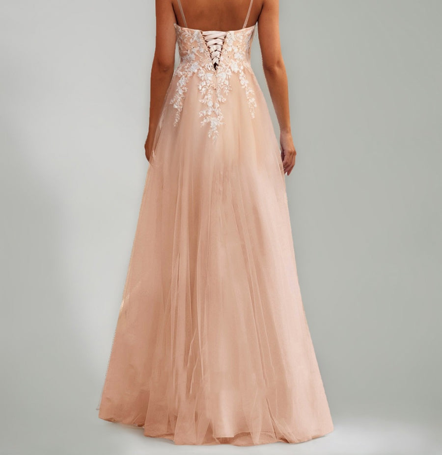 A-Line/Princess Straps Tulle Long Luxurious Cocktail Dresses with Lace Appliques