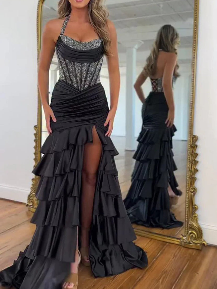A-Line/Princess Halter Ruched Tiered Floor-Length Prom Dresses with Beading