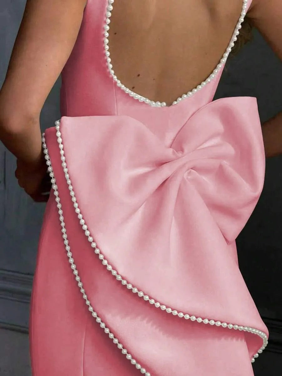 Mermaid/Trumpet Scoop Neck Satin Floor-Length Prom Dresses with Pearl Ruffle Bow