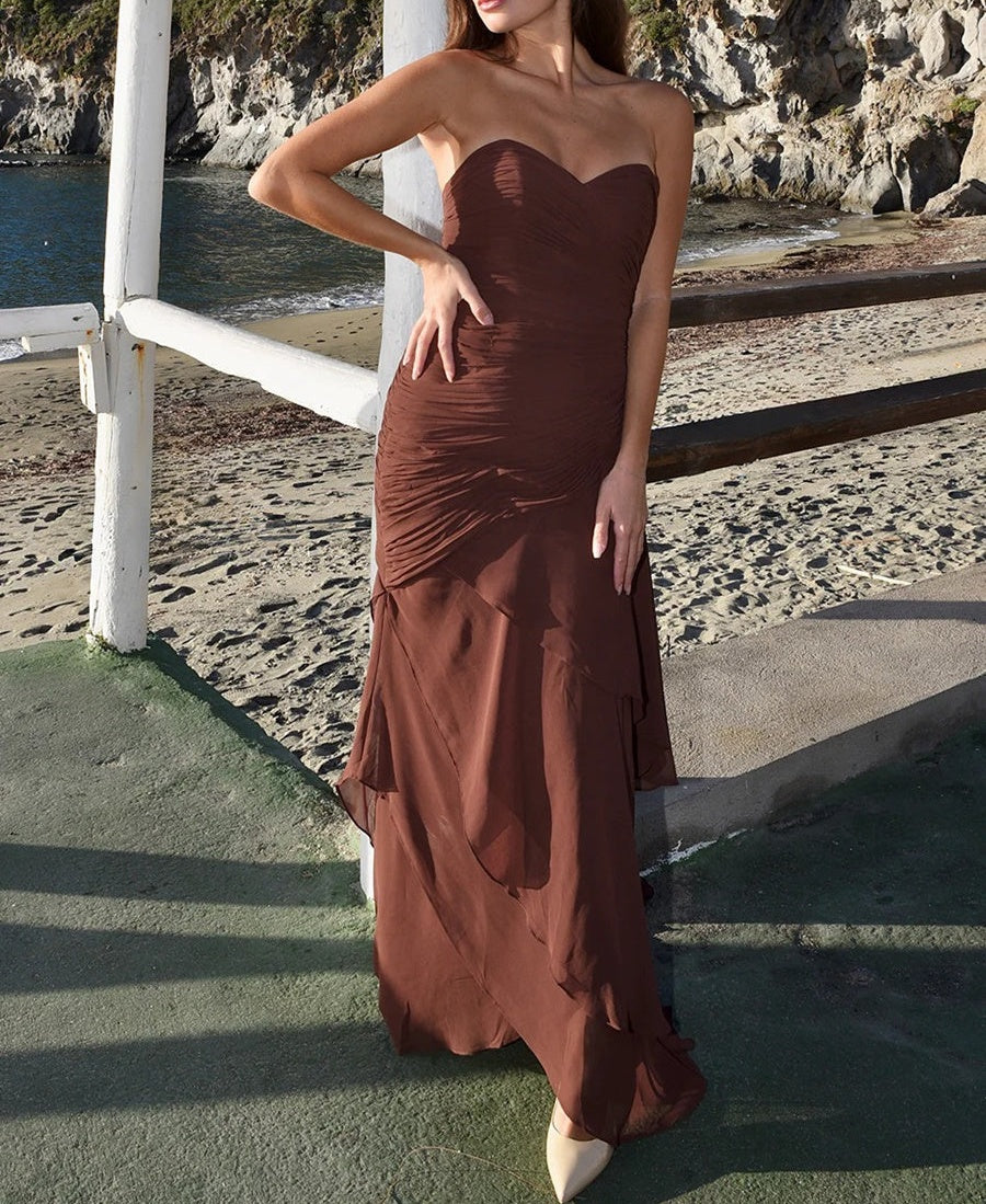 Sweetheart Pleated Chiffon Tiered A-Line/Princess Long Prom Dresses with Drop Waist