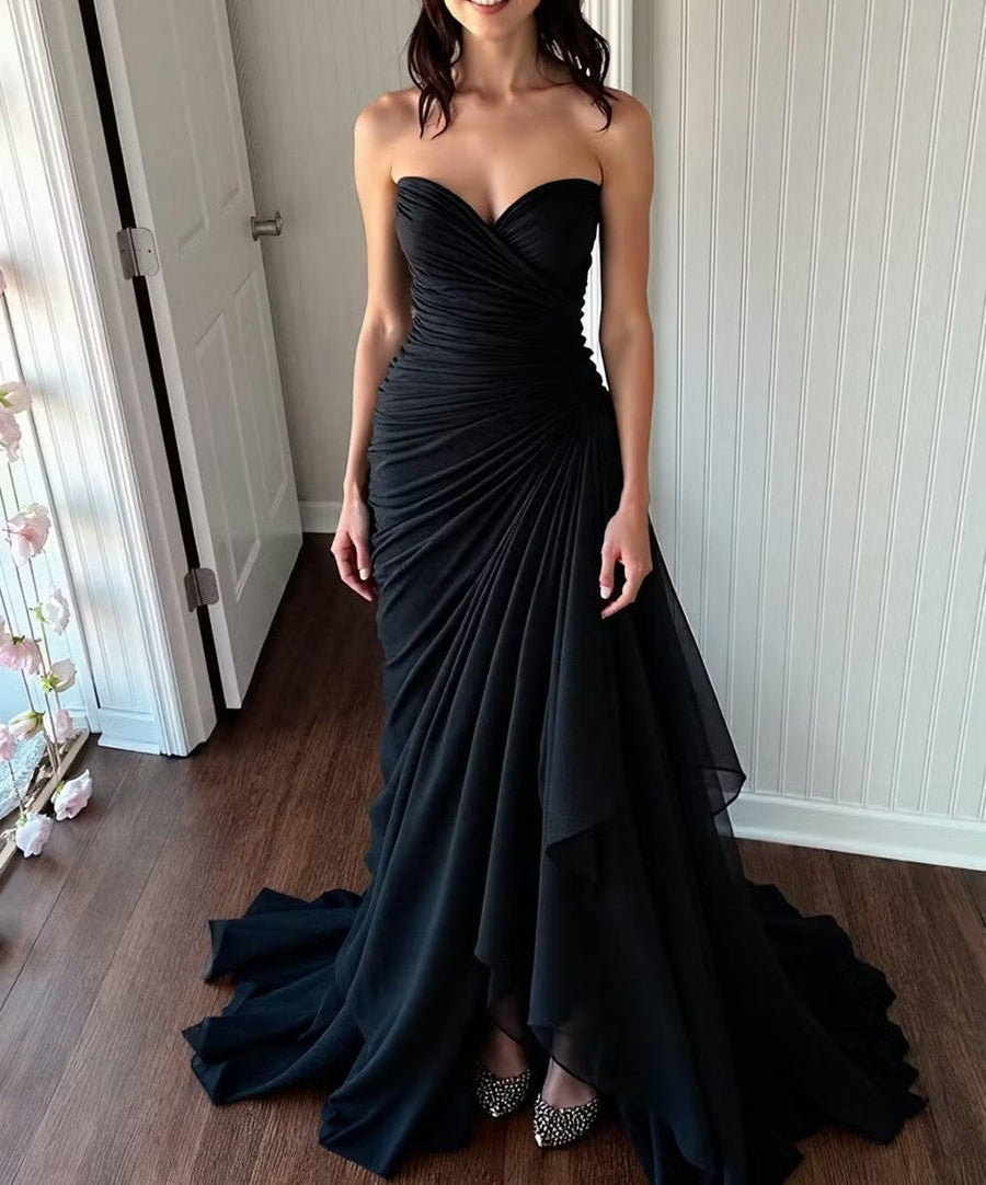 Sweetheart Pleated Chiffon Tiered A-Line/Princess Long Prom Dresses with Drop Waist