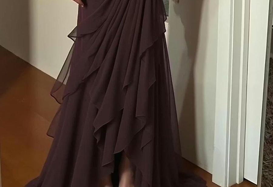 Sweetheart Pleated Chiffon Tiered A-Line/Princess Long Prom Dresses with Drop Waist