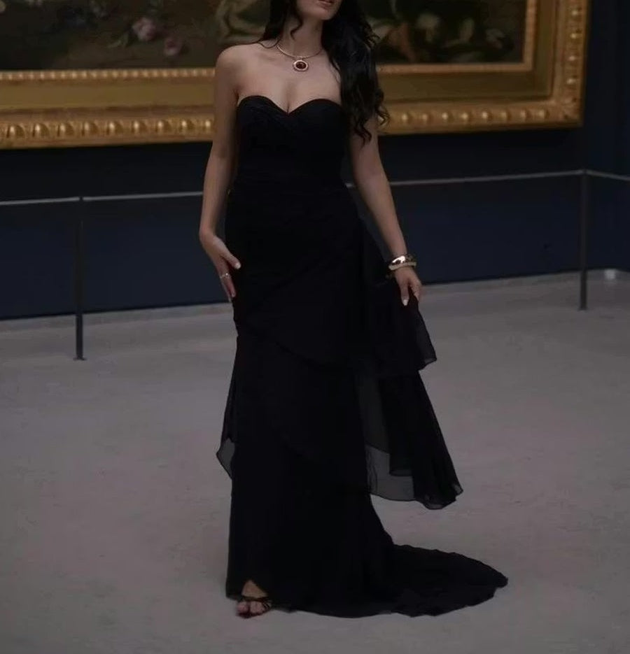 Sweetheart Pleated Chiffon Tiered A-Line/Princess Long Prom Dresses with Drop Waist