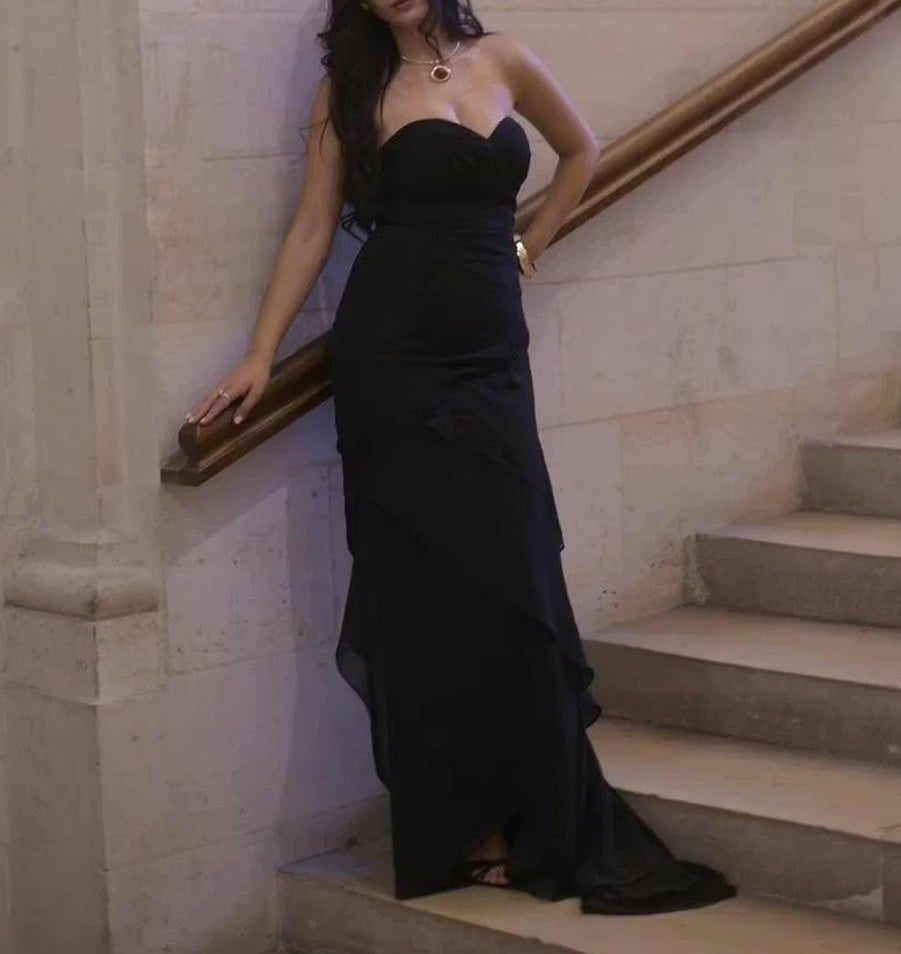 Sweetheart Pleated Chiffon Tiered A-Line/Princess Long Prom Dresses with Drop Waist