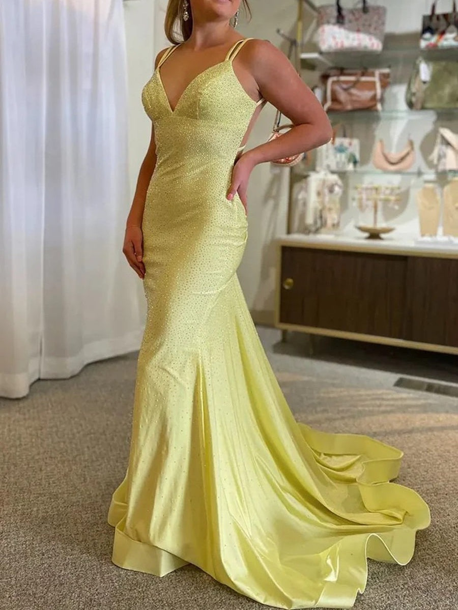 V-Neck Double Spaghetti Strap Beading Long Prom Dresses Mermaid with Train