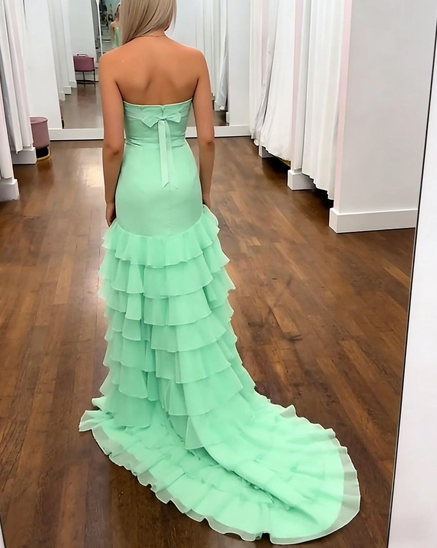 Strapless Bow Chiffon Tiered A-Line/Princess Long Prom Dresses with Satin