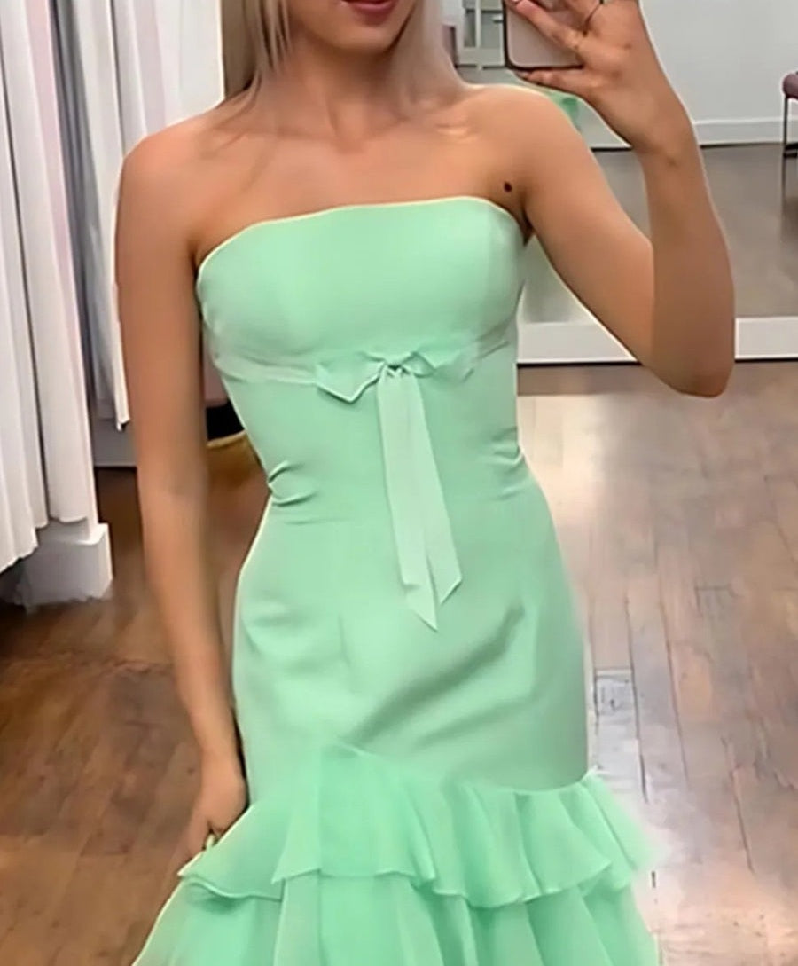 Strapless Bow Chiffon Tiered A-Line/Princess Long Prom Dresses with Satin