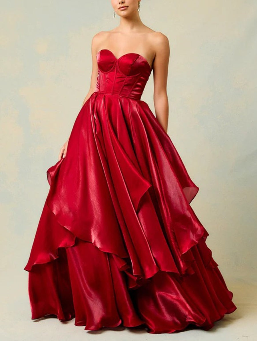 Vintage A-Line/Princess Organza Sweetheart Tiered Floor-Length Prom Dresses