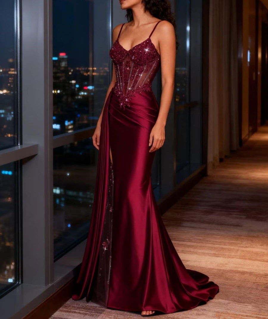 Spaghetti Strap V-Neck Lace Applique Long Formal Prom Dresses with Trail