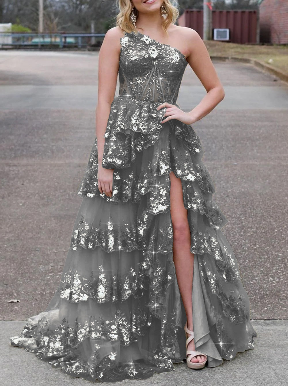 Sparkly Sequin One Shoulder Tiered Long Prom Dresses with Slit