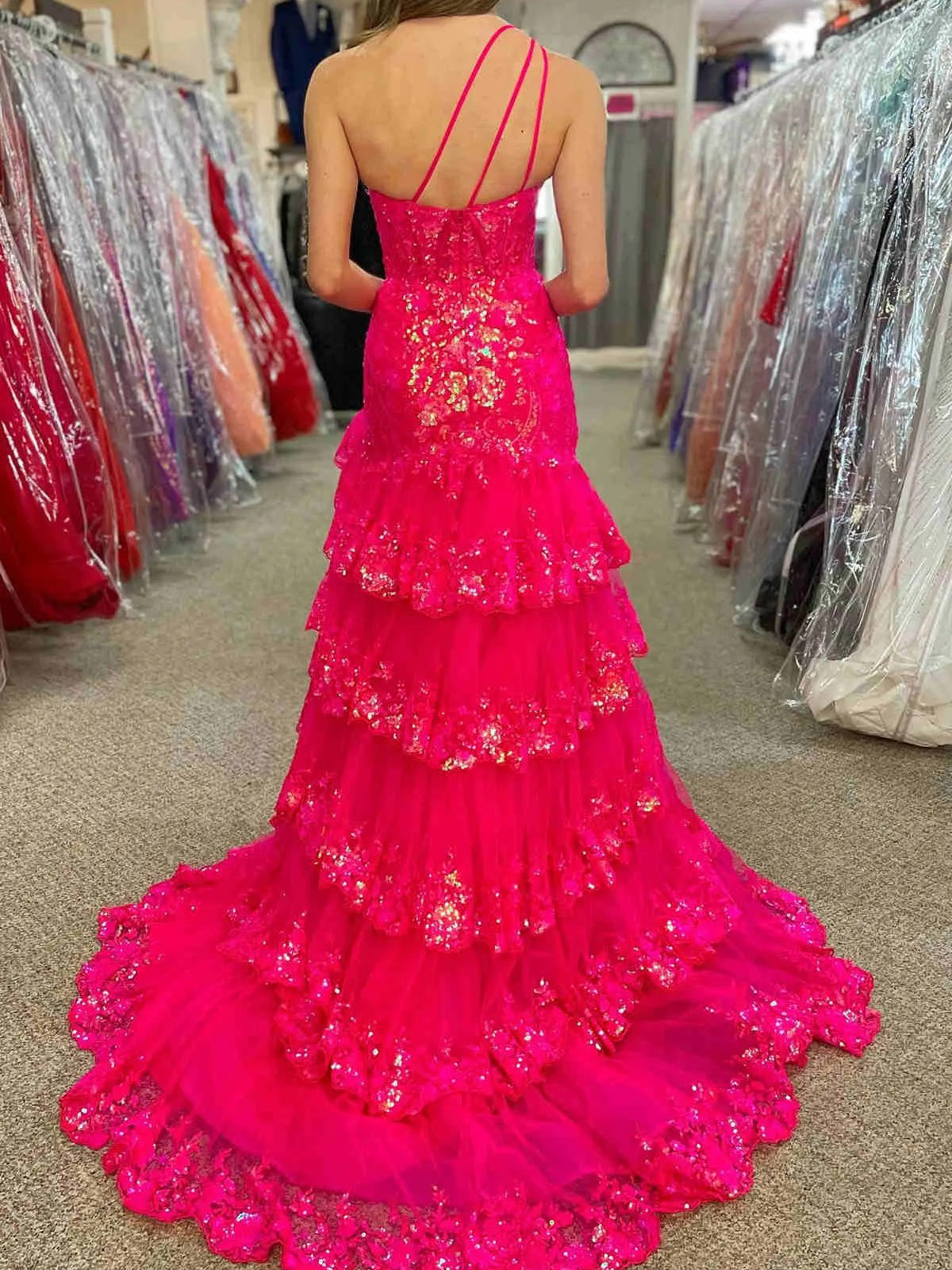 Sparkly Sequin One Shoulder Tiered Long Prom Dresses with Slit