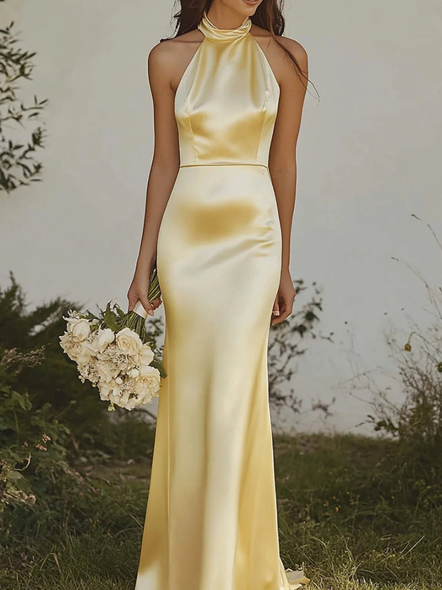 Elegant Halter Satin Long Prom Dresses with Mermaid Hem