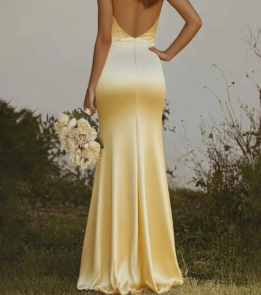 Elegant Halter Satin Long Prom Dresses with Mermaid Hem