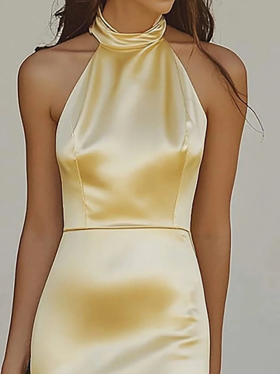 Elegant Halter Satin Long Prom Dresses with Mermaid Hem