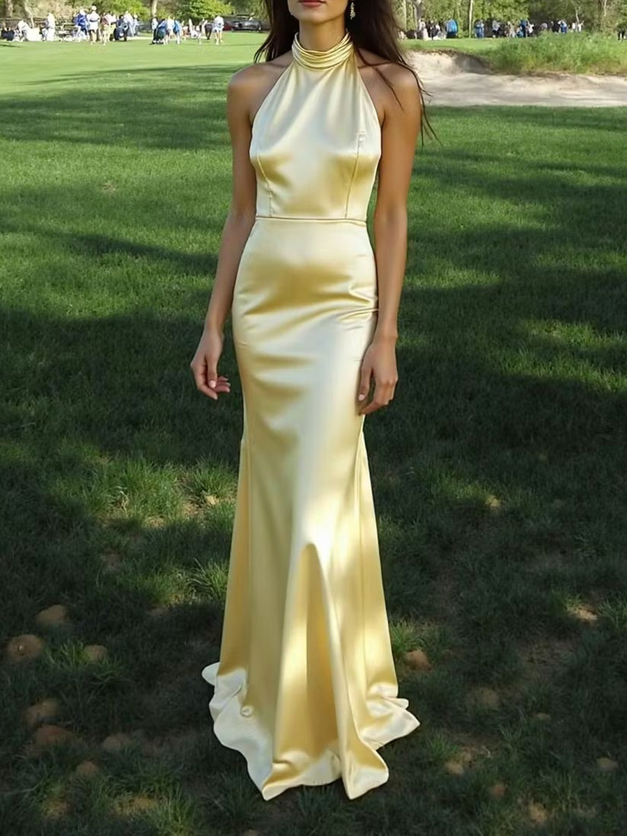 Elegant Halter Satin Long Prom Dresses with Mermaid Hem