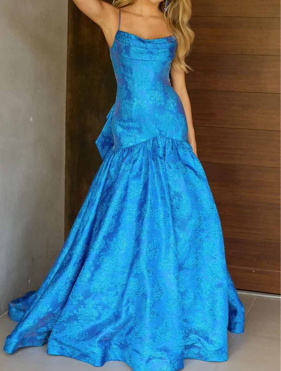 Mermaid/Trumpet Drop Waist Bow Long Prom Dresses with Jacquard
