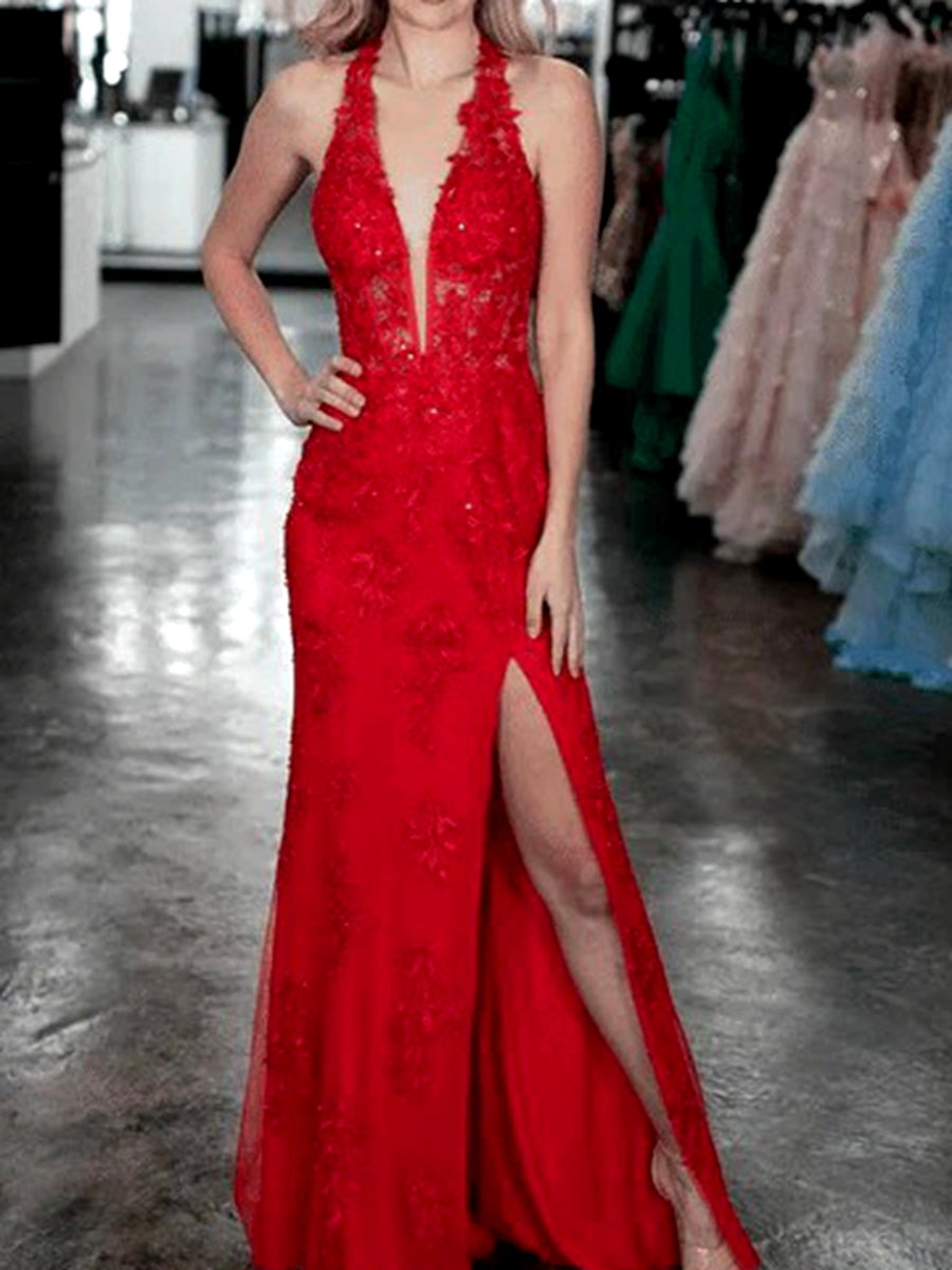 Halter V-Neck Lace Applique A-Line/Princess Long Prom Dresses with Side Slit