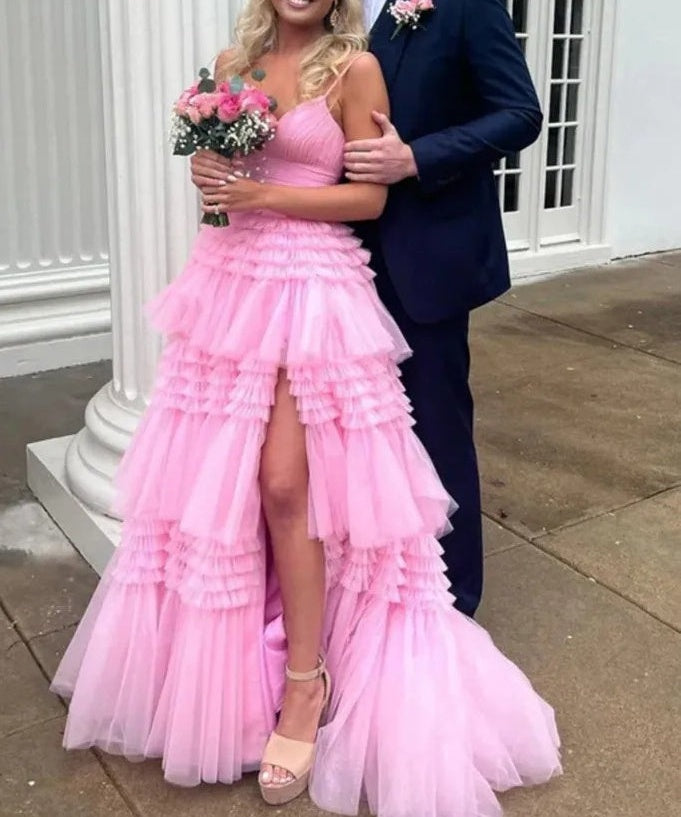 Tulle Spaghetti Strap Tiered Long Prom Dresses Ruffle Ball Gown