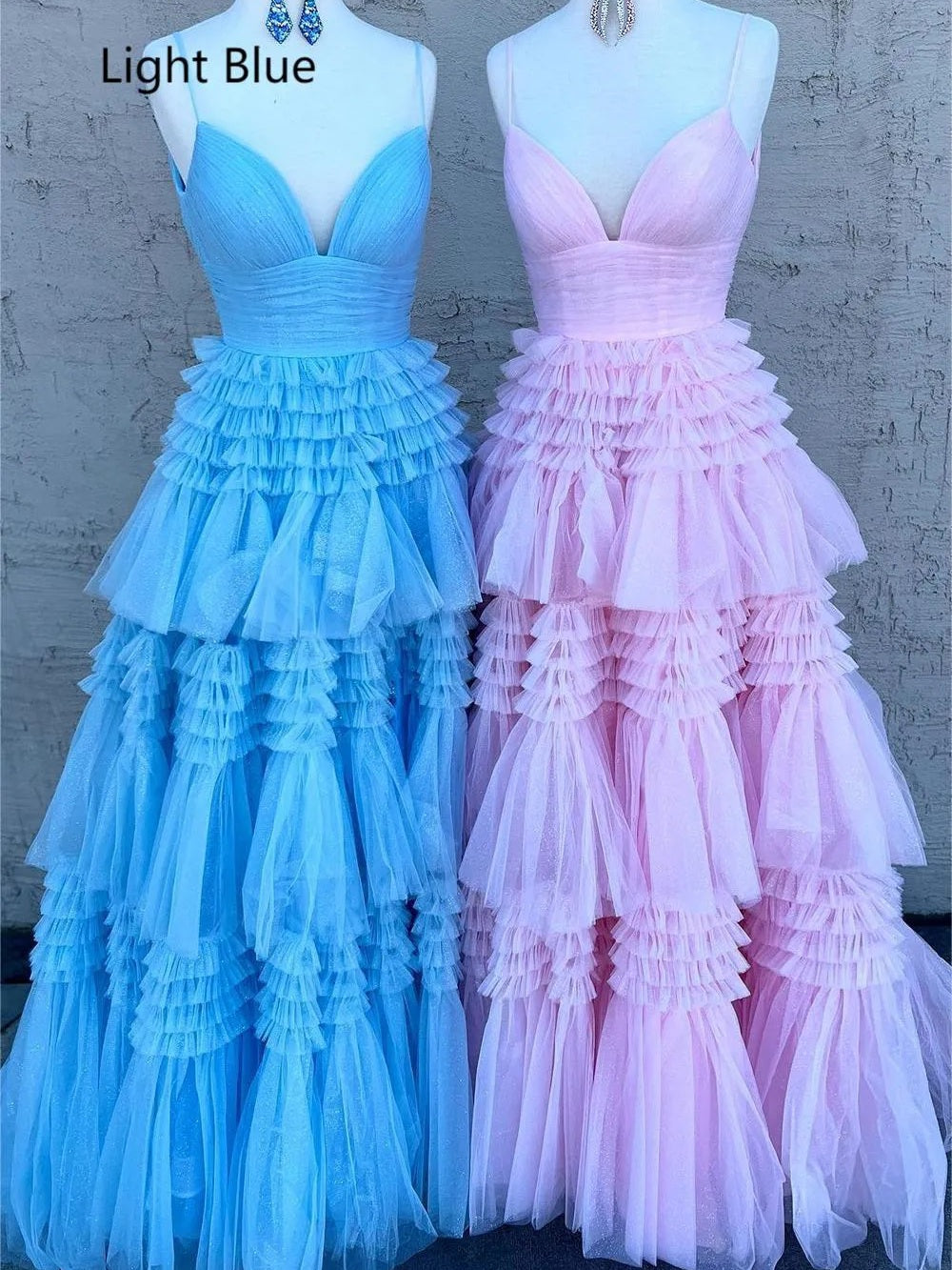 Tulle Spaghetti Strap Tiered Long Prom Dresses Ruffle Ball Gown