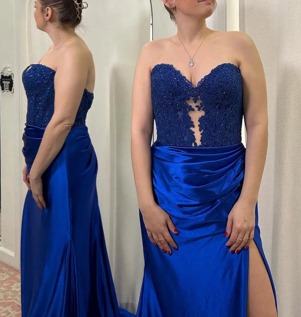Strapless Sweetheart Patchwork Long Prom Dresses with Lace Applique