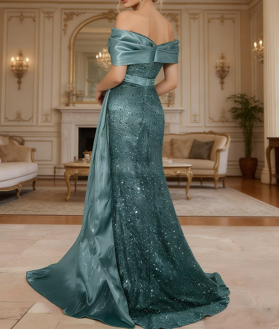 Sheath/Column Off Shoulder Pleated Sequined Satin Prom Dresses with High Split