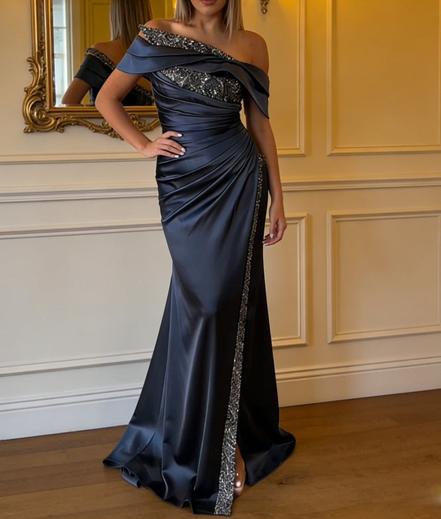 Sheath/Column Off Shoulder Pleated Satin Long Prom Dresses with Rhinestone