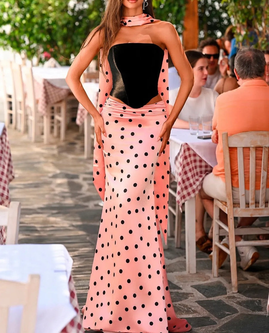 3-Piece Polka Dot Tube Drop Waist Long Prom Dresses with Scarf