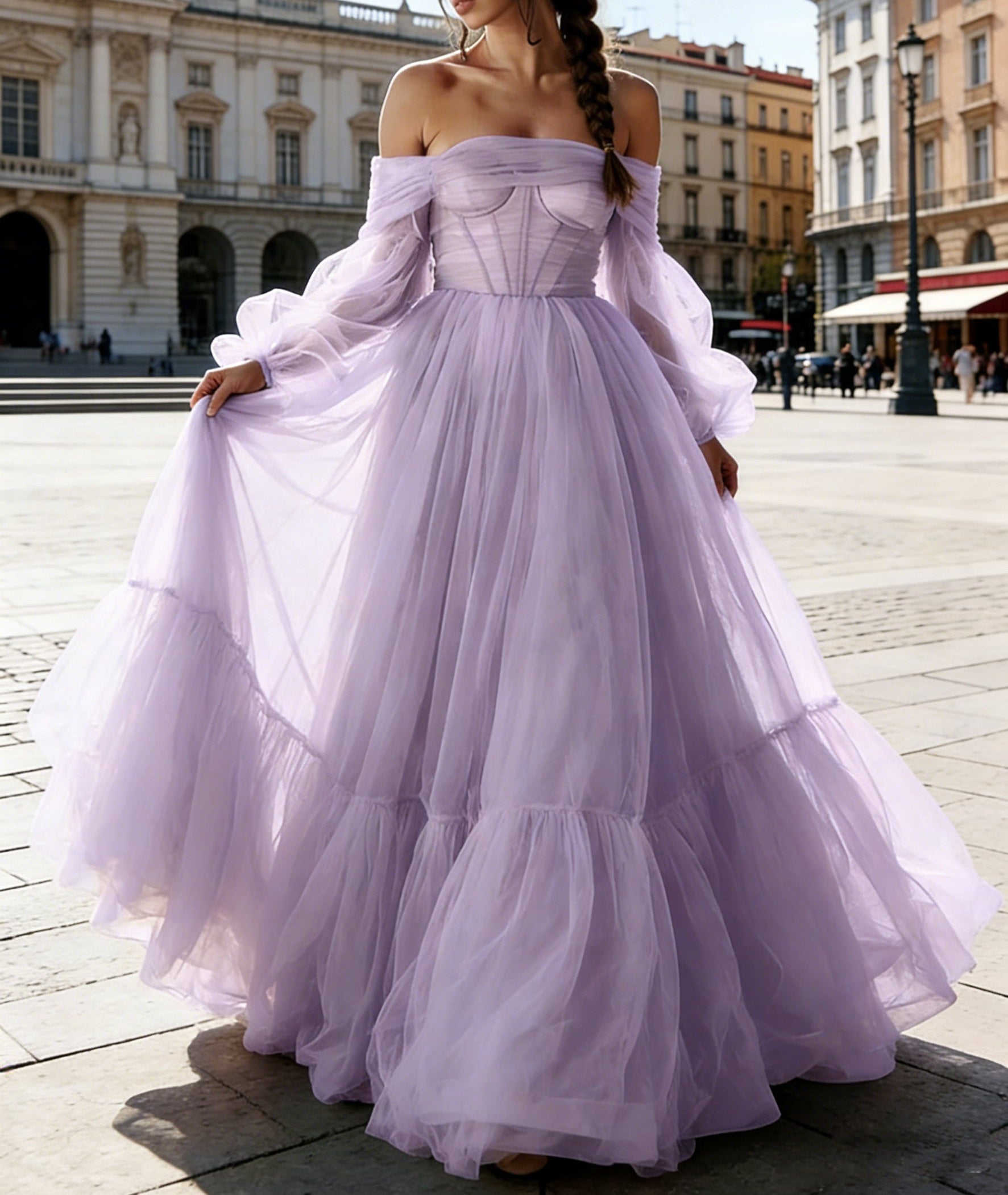 A-Line/Princess Sweetheart Long Sleeves Tiered Tulle Floor-Length Prom Dress with Bow