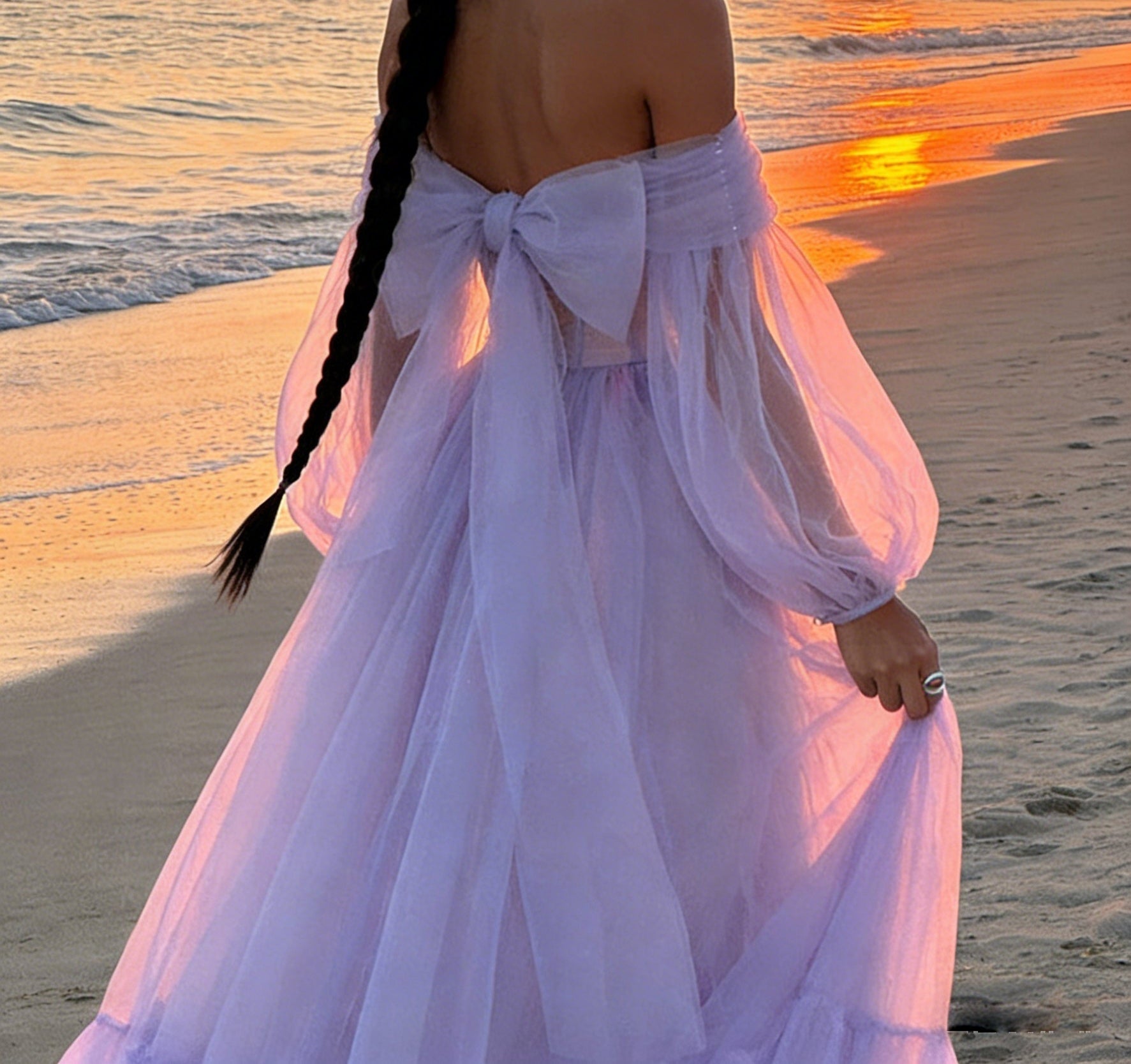 A-Line/Princess Sweetheart Long Sleeves Tiered Tulle Floor-Length Prom Dress with Bow