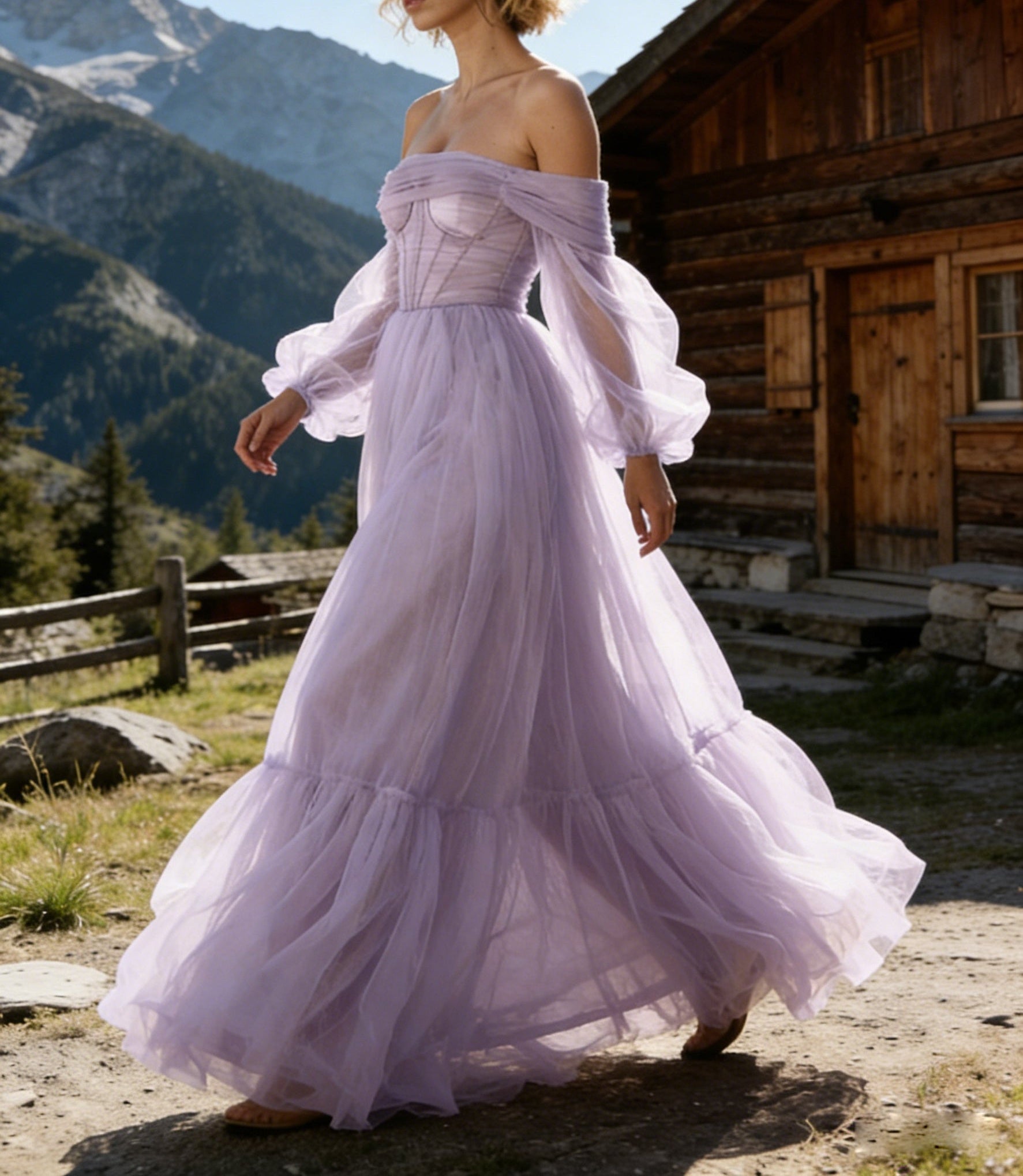 A-Line/Princess Sweetheart Long Sleeves Tiered Tulle Floor-Length Prom Dress with Bow
