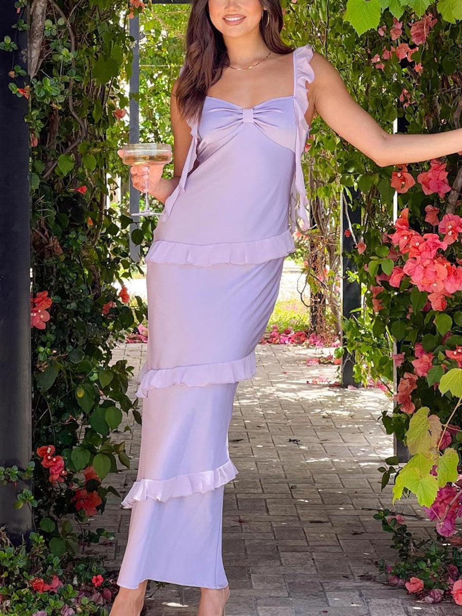 Sheath/Column Spaghetti Strap Satin Corset Long Prom Dresses with Ruffles