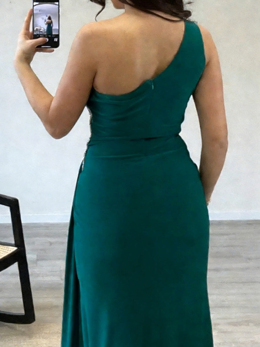 Sheath/Column One Shoulder Beading Pleated Satin Prom Dresses with Split