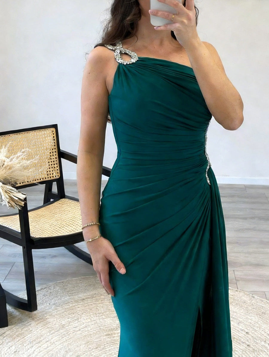 Sheath/Column One Shoulder Beading Pleated Satin Prom Dresses with Split